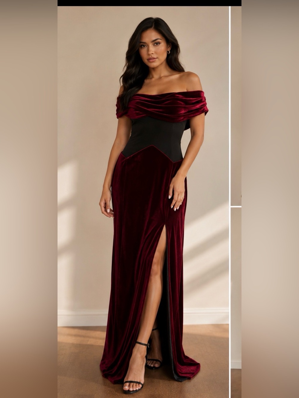 Off‑Shoulder Velvet Evening Gown in Burgundy dramatic slit Sz S